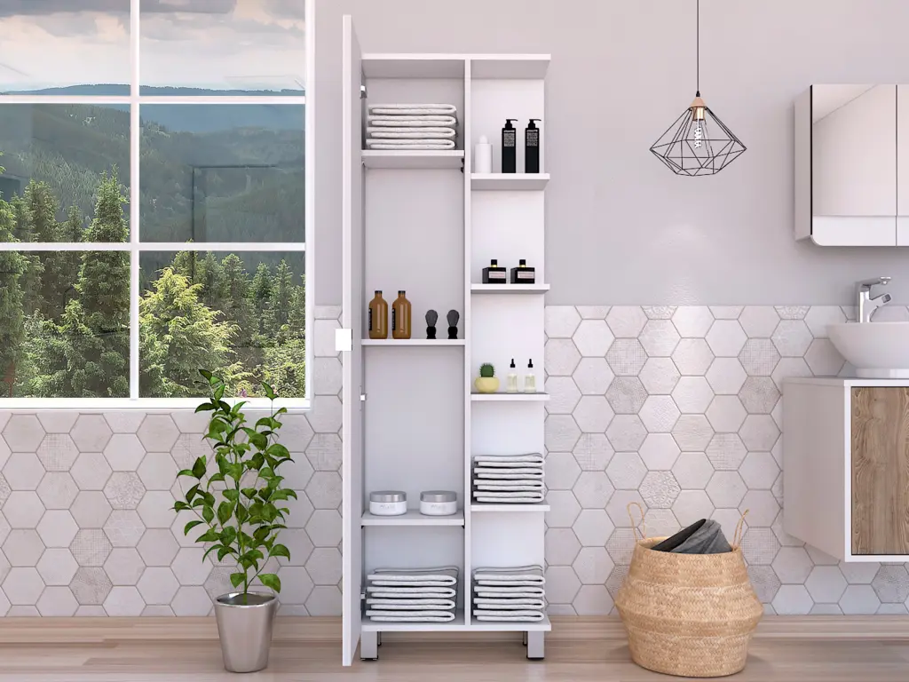 Corner Cabinet Womppi Five Open Shelves Single Door White Finish treevol furniture