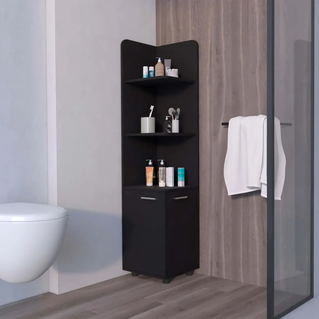 Black 2 Door Cabinet 3 Corner Shelves Bathroom Freestanding Storage furniture max