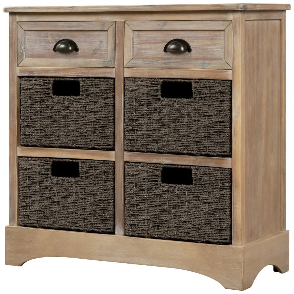Rustic Storage Cabinet Two Drawers and Four Timeless Rattan Bins trexm