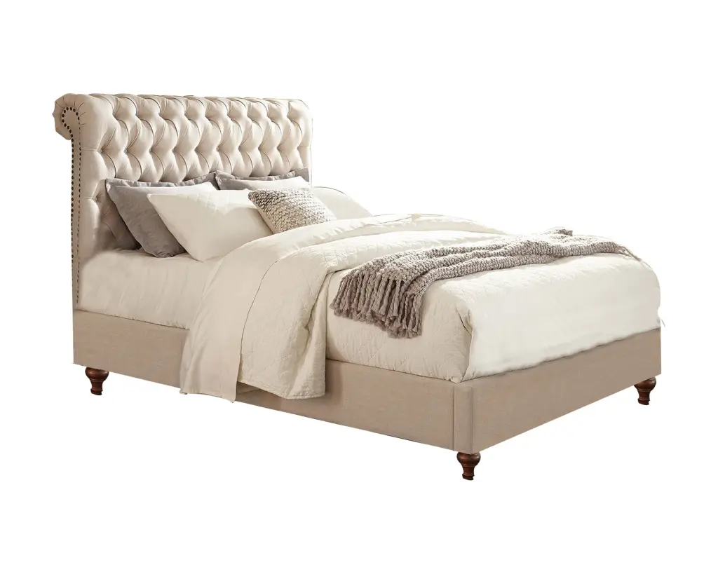 Wooden California King Size Bed Button Tufted Headboard Beige Upholstered Frame royal hampton