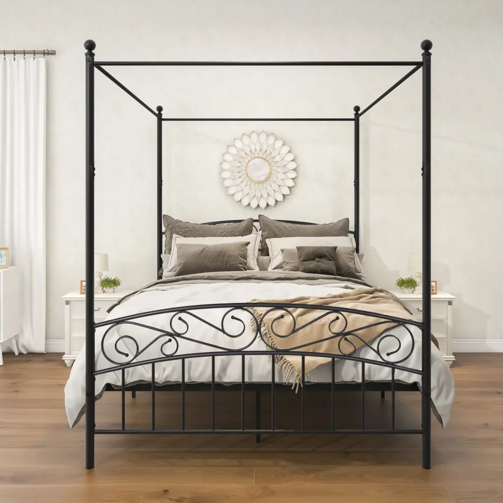 Queen Size Metal Canopy Bed Frame Headboard and Footboard Black home furniture