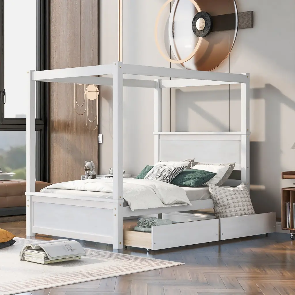 Wood Canopy Bed Two Drawers Full Size Canopy Platform Bed Storage lucky furniture