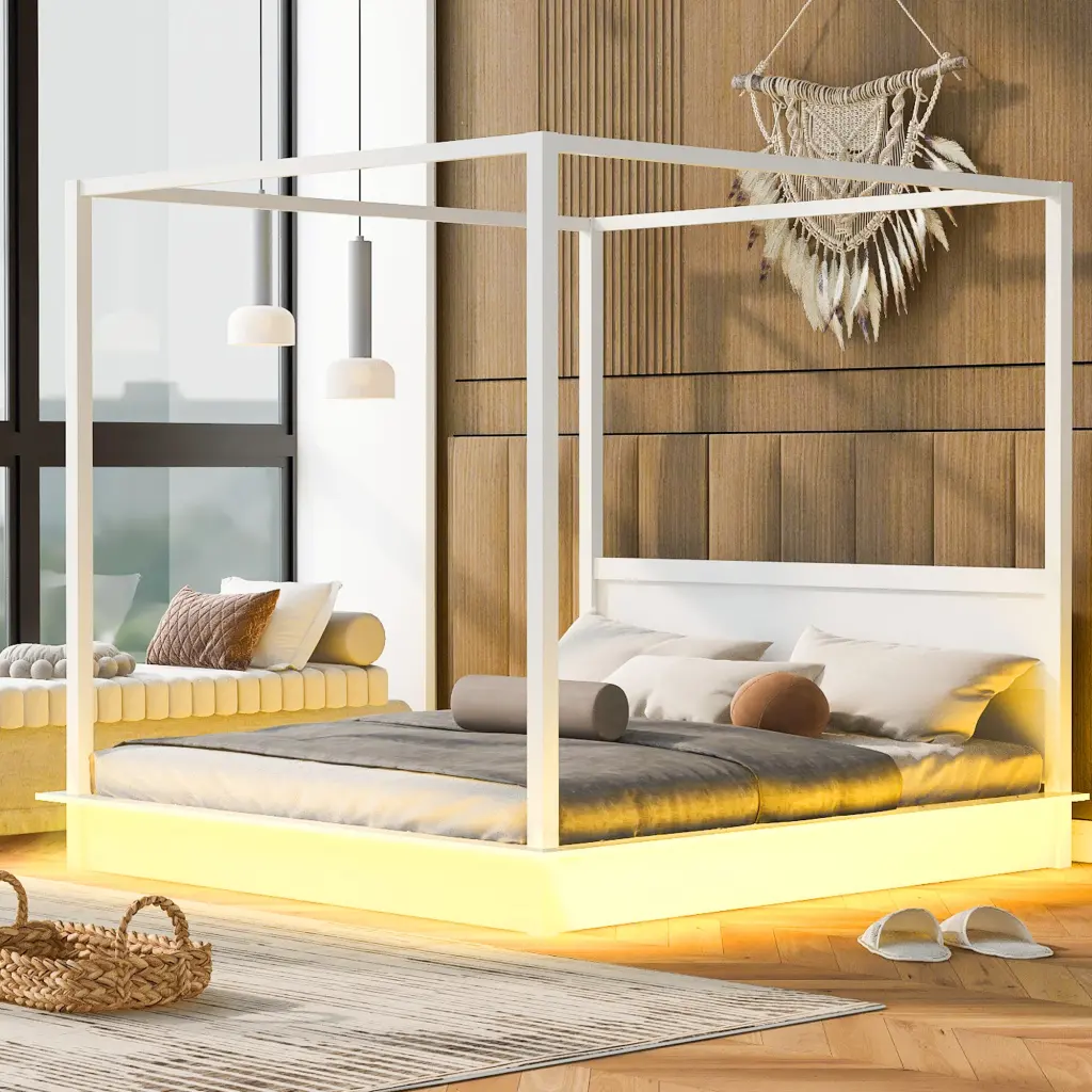 King Size Wood LED Canopy Bed Substantial Slats lucky home