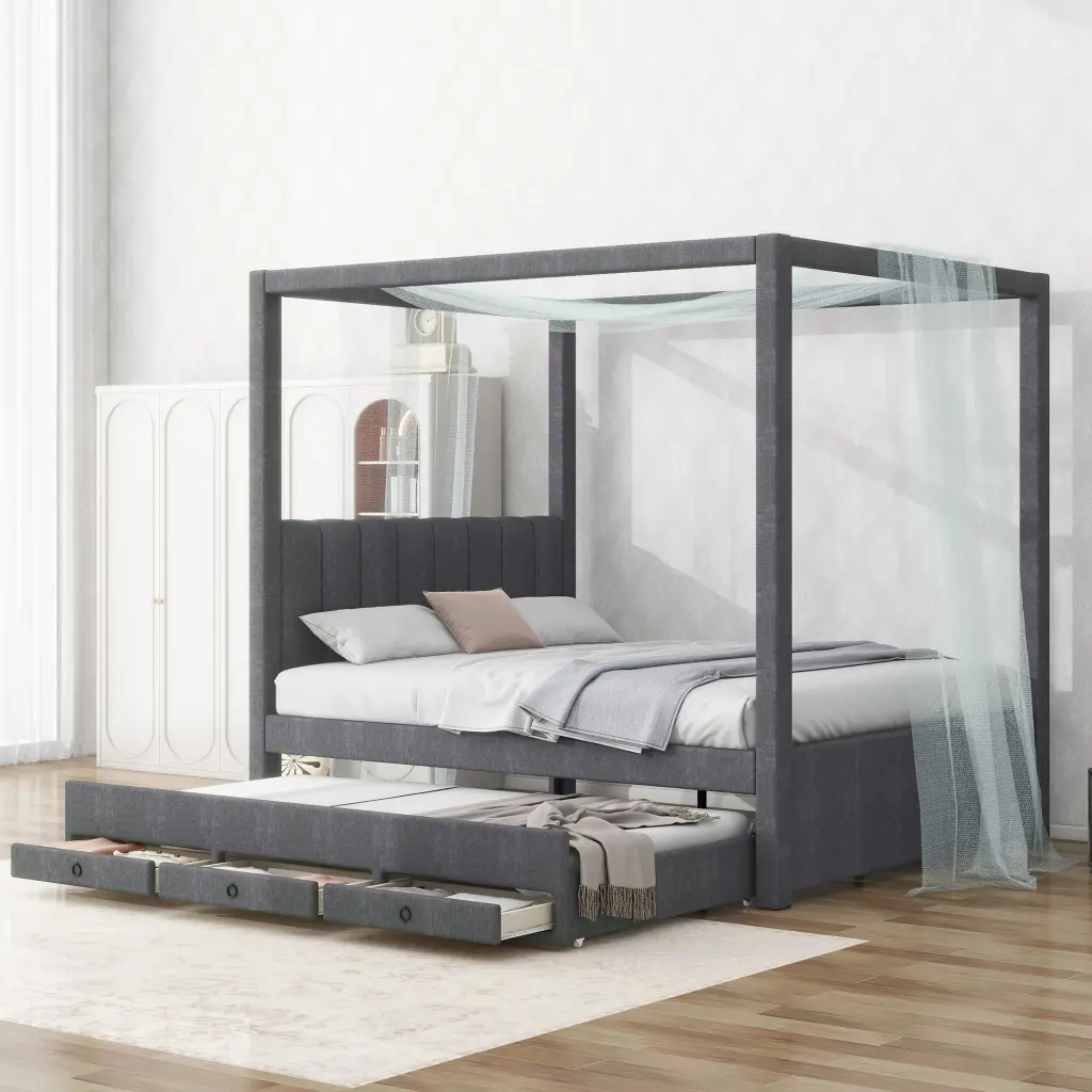 Full Size Upholstery Canopy Platform Bed Trundle And Three Storage Drawers wm dreamland