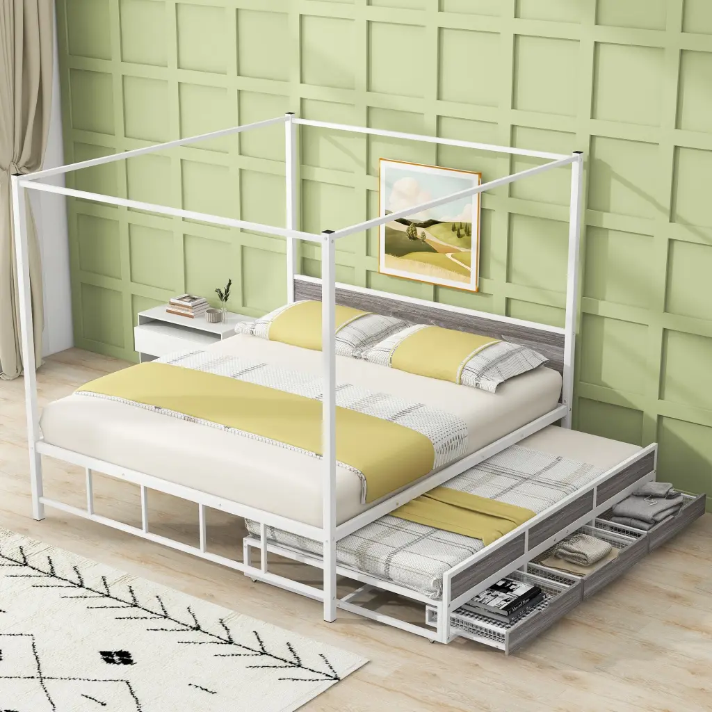 Queen Size Metal Canopy Platform Bed Twin Size Trundle and 3 Storage Drawers wm store