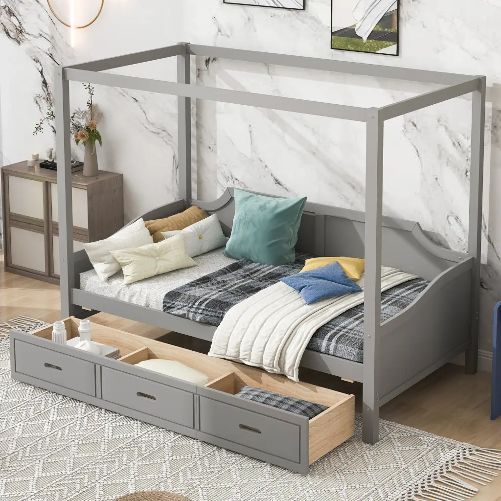 Twin Size Wooden Canopy Daybed 3 1 Storage Drawers Grey wm store