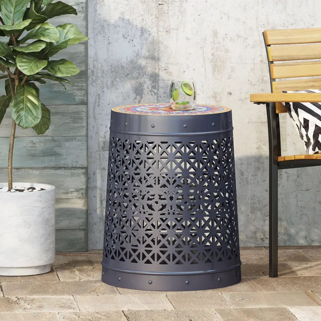 Cranbrook Side Table Dark Blue Ceramic Tile and Iron Frame nh-cloudhouse
