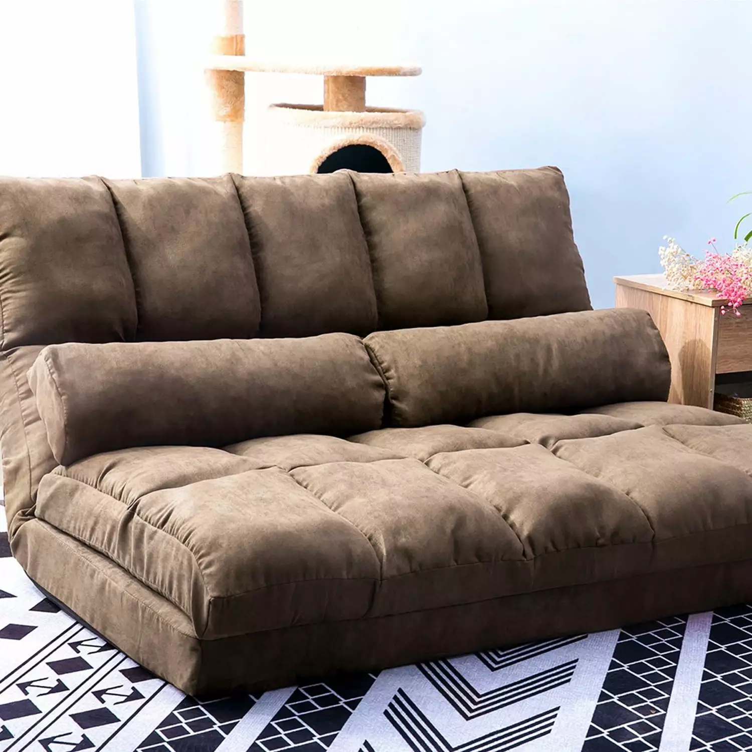 CoSoTower Double Chaise Lounge Sofa Floor Couch Two Pillows - Brown