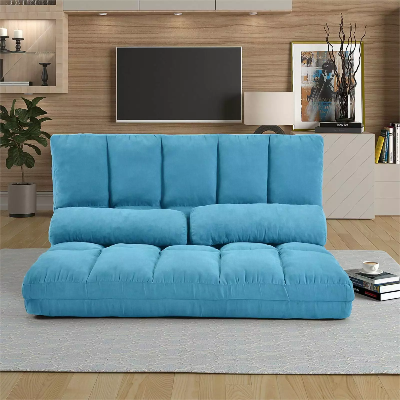 CRO Decor Double Chaise Lounge Sofa Floor Couch Two Pillows Blue