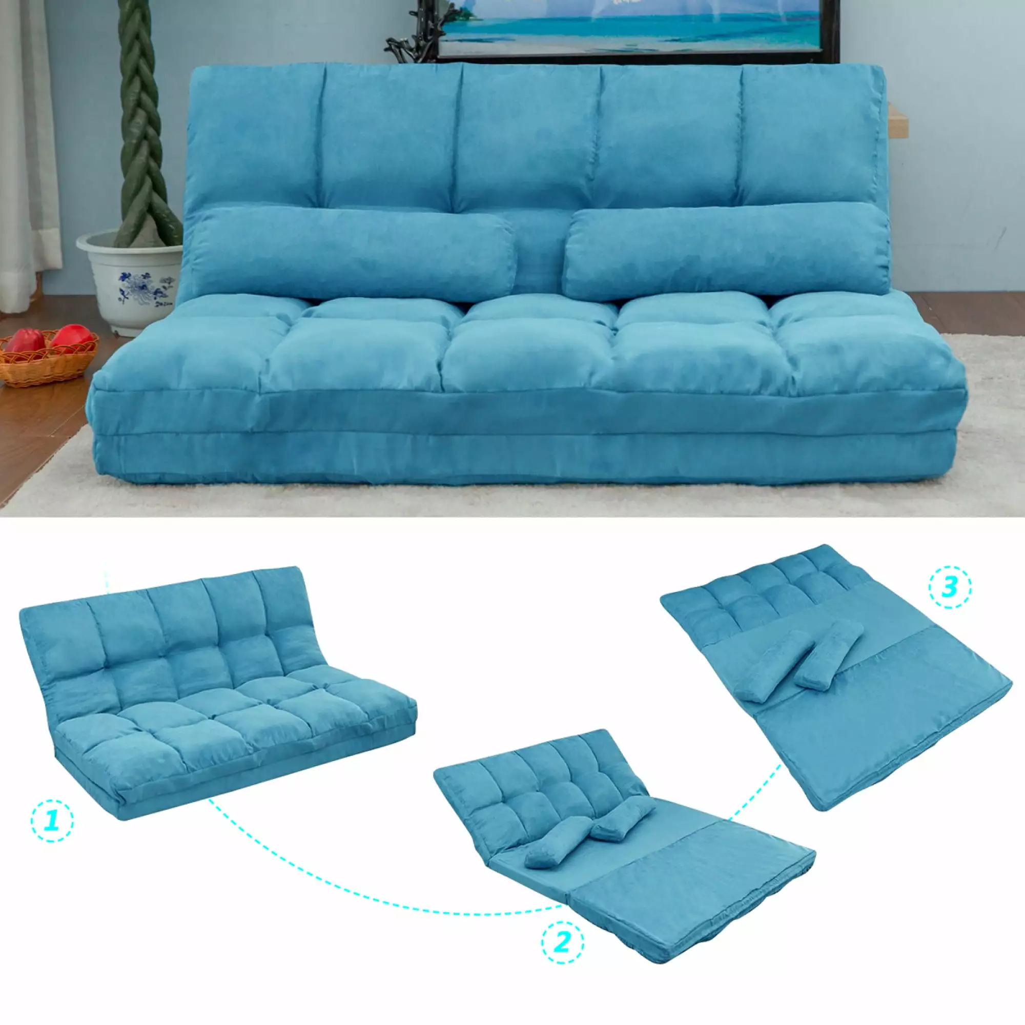 Double Chaise Lounge Sofa Floor Couch And Sofa Two Pillows Blue Miekor