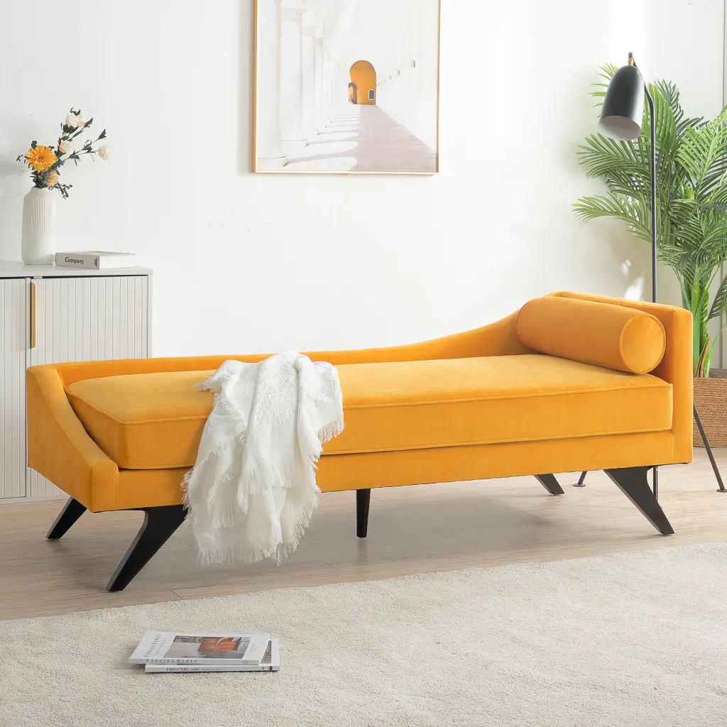 Right Square Arm Reclining Chaise Lounge Yellow Fabric Comfortable Living Room Furniture rnb