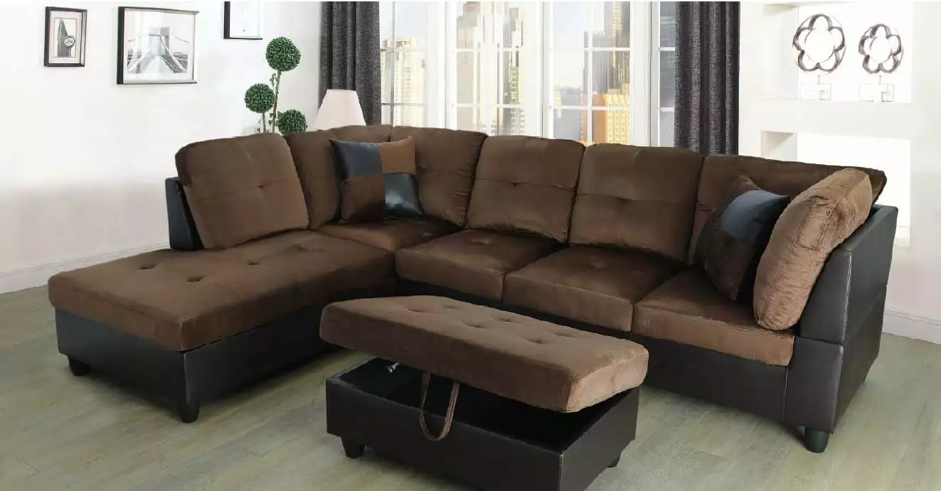 Hermann Left Chaise Sectional Sofa Storage Ottoman Chocolate Brown MicroFiber AYCP Furniture