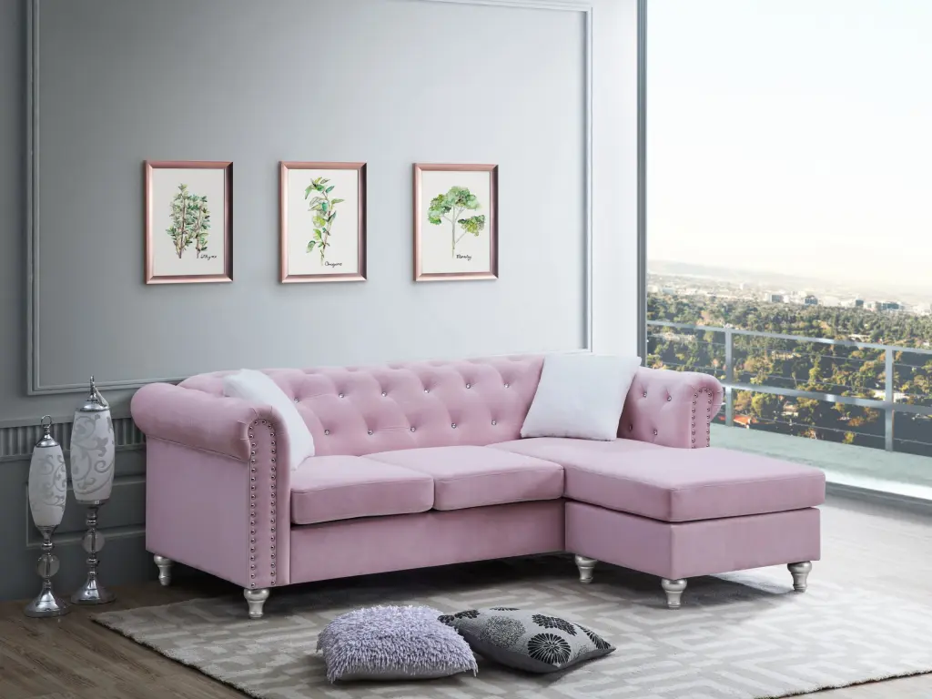 Raisa G864B Sofa Chaise Burgundy Pink Velvet glory furniture
