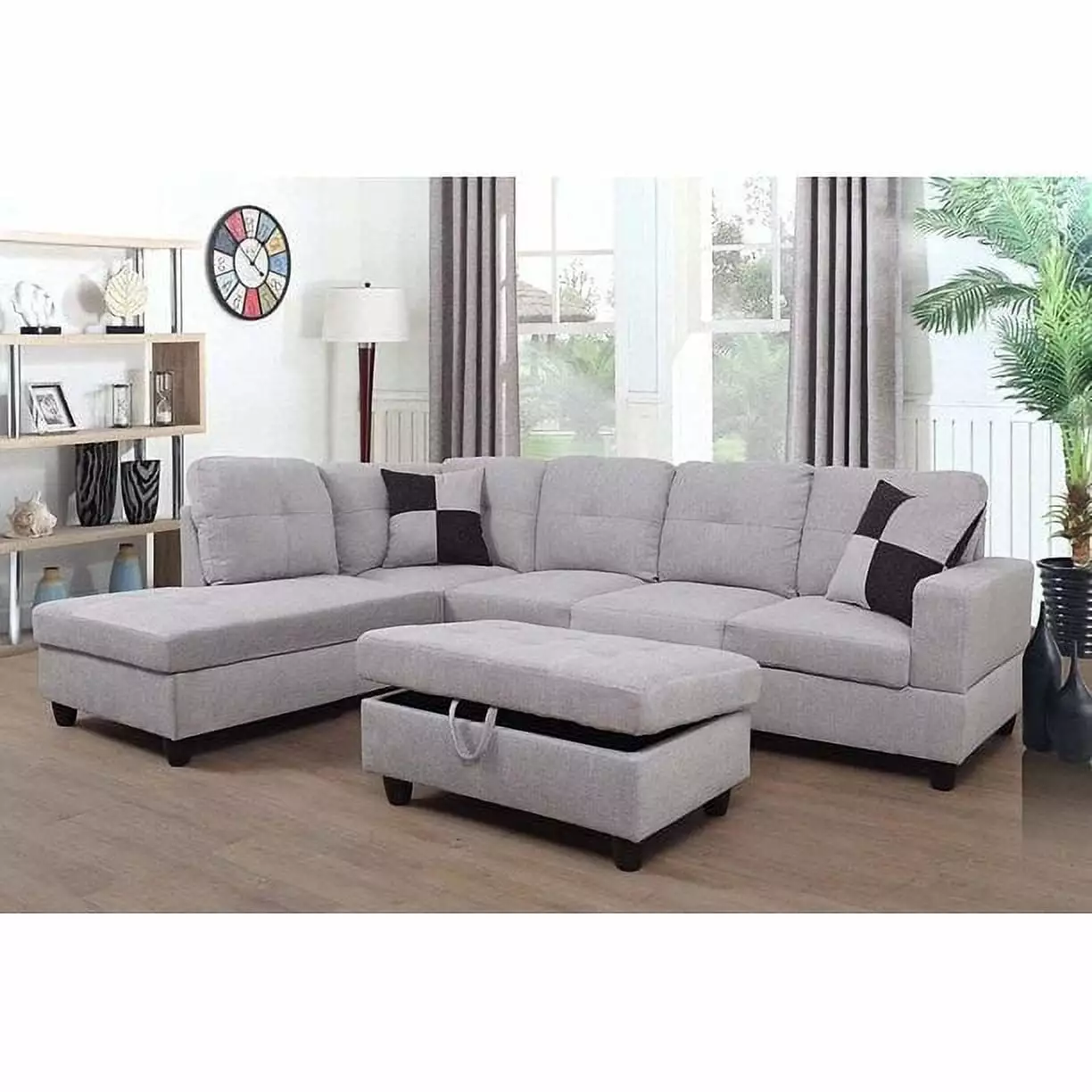 Gunnar 103 Wide Flanelette Left Hand Facing Sofa Chaise Ottoman Grey White Pon Living Furniture Inc