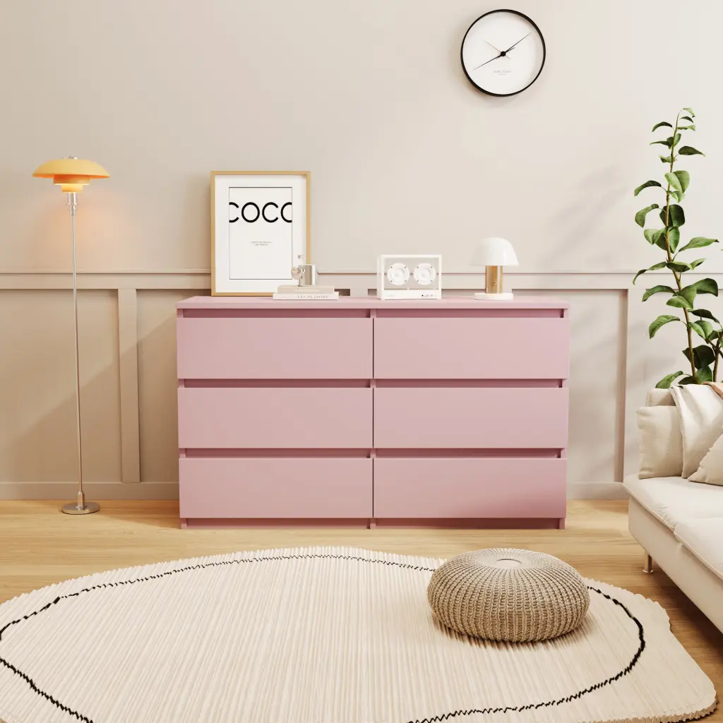 Pink Large 6 Drawers Chest Drawer Dressers Table Sliding Pink Drawer zr furniture