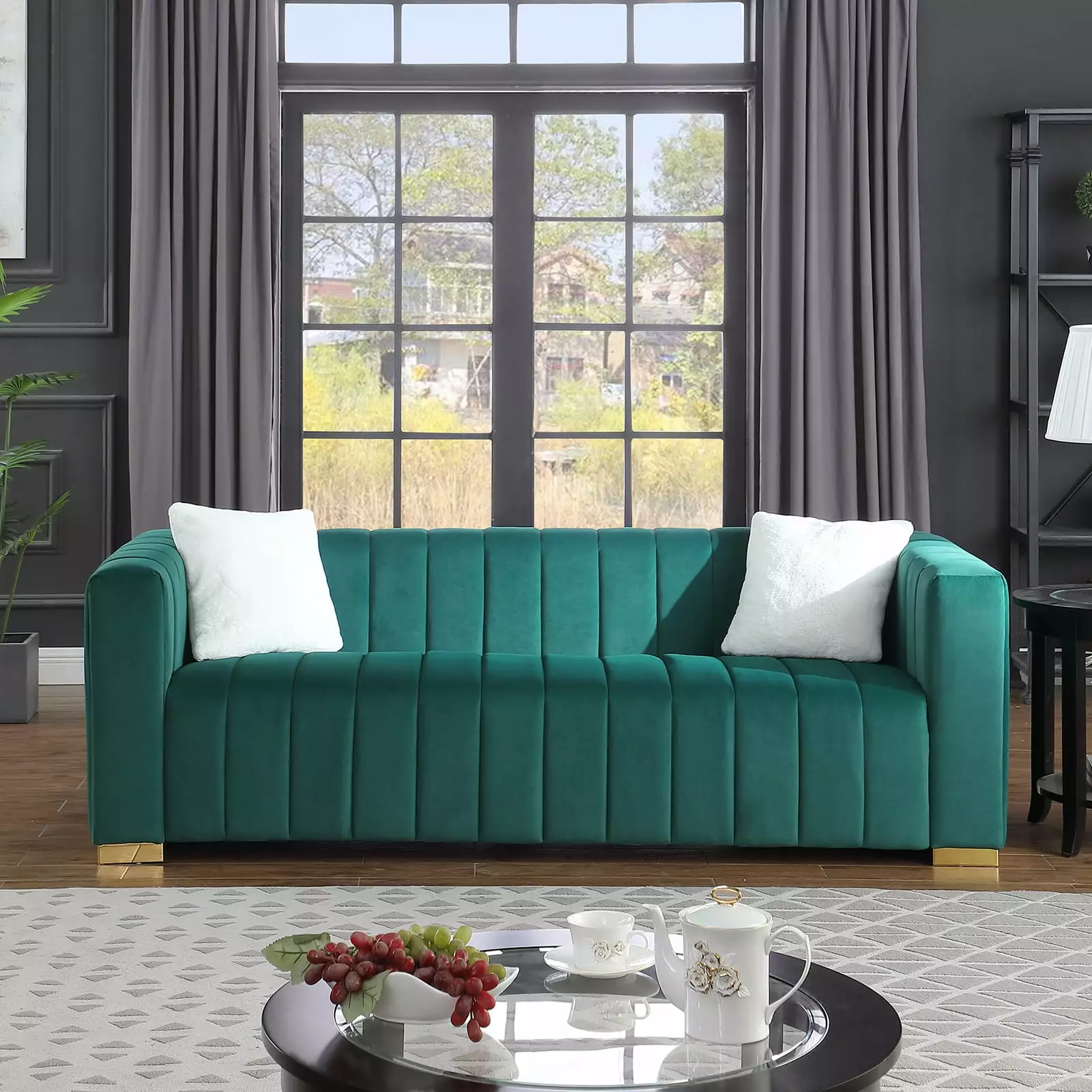 CoSoTower Modern Channel Tufted Chesterfield Style 3-Seater Sofa Dark Green Luxurious Living Room Furniture