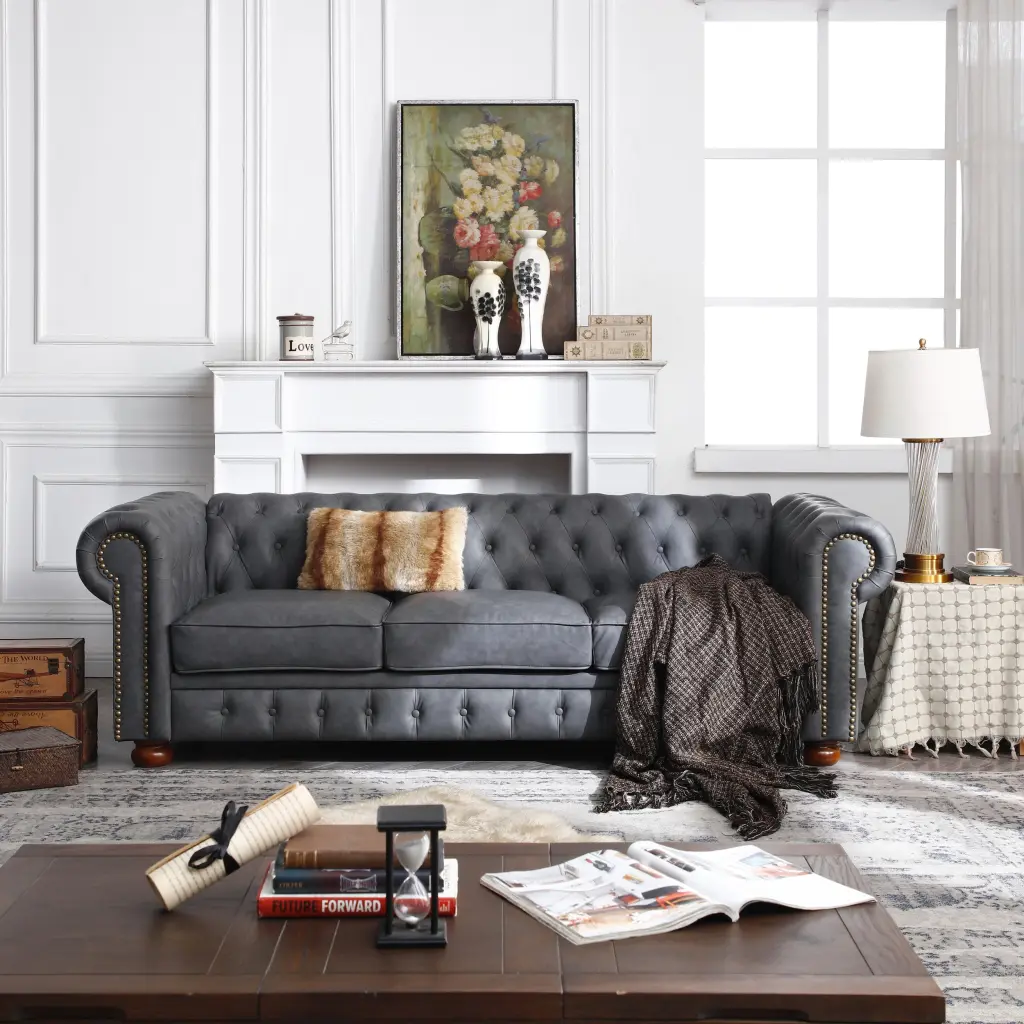 Timeless Chesterfield Sofa Dark Grey Faux Leather Foam Technology hdf store