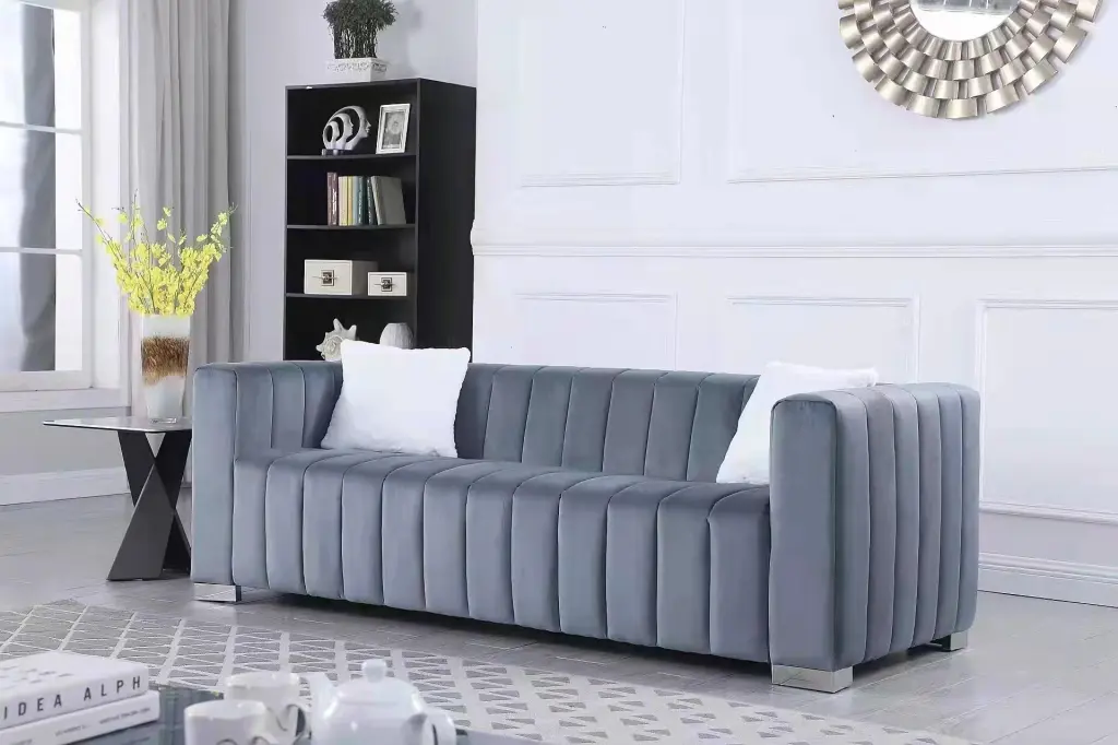 Modern Channel Sofa Chesterfield Style Grey Color 3-Seater homarni furnishings inc.---w1099