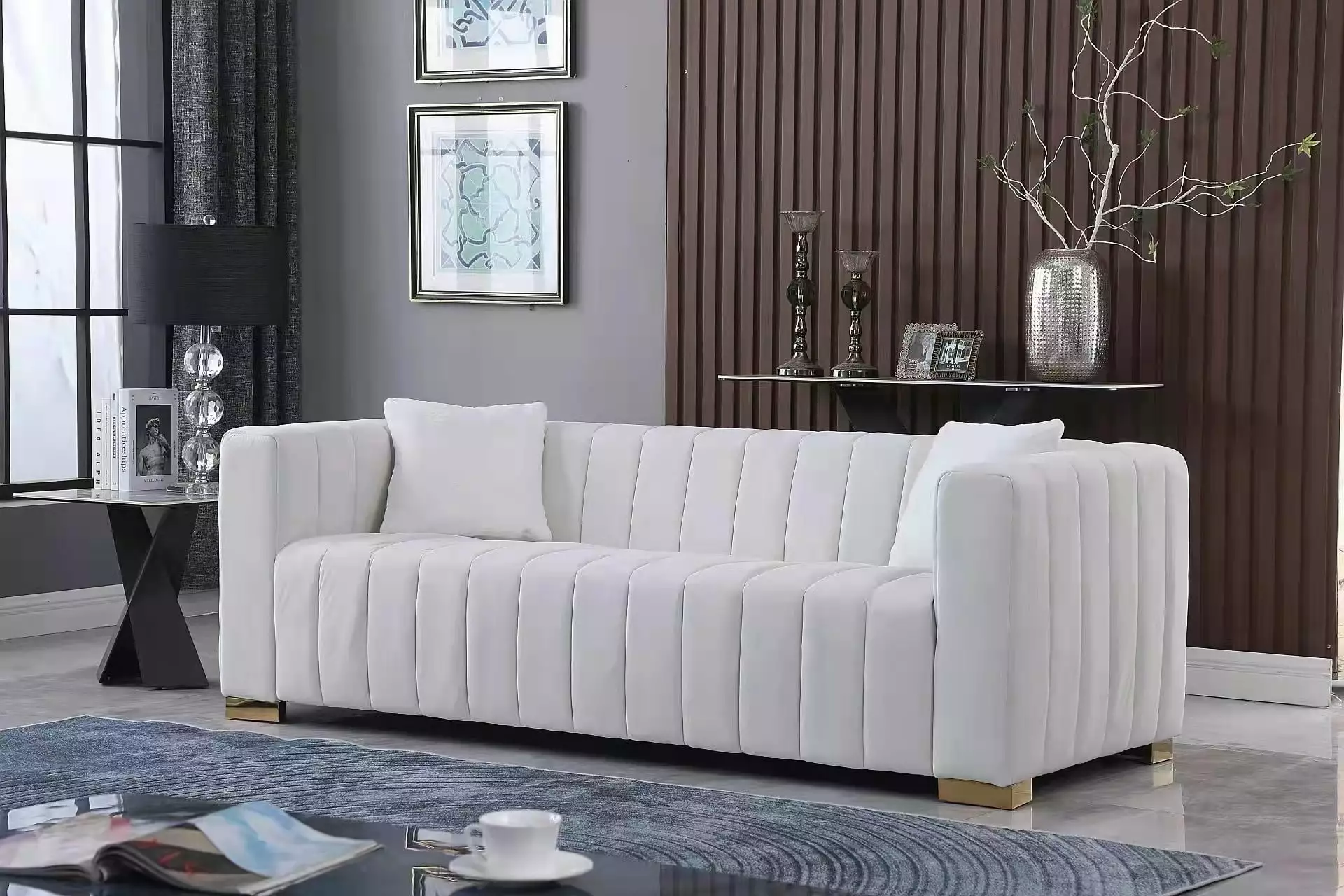 Homiyad Modern Channel Tufted Chesterfield Style 3-Seater Sofa White Plush Living Room Seating