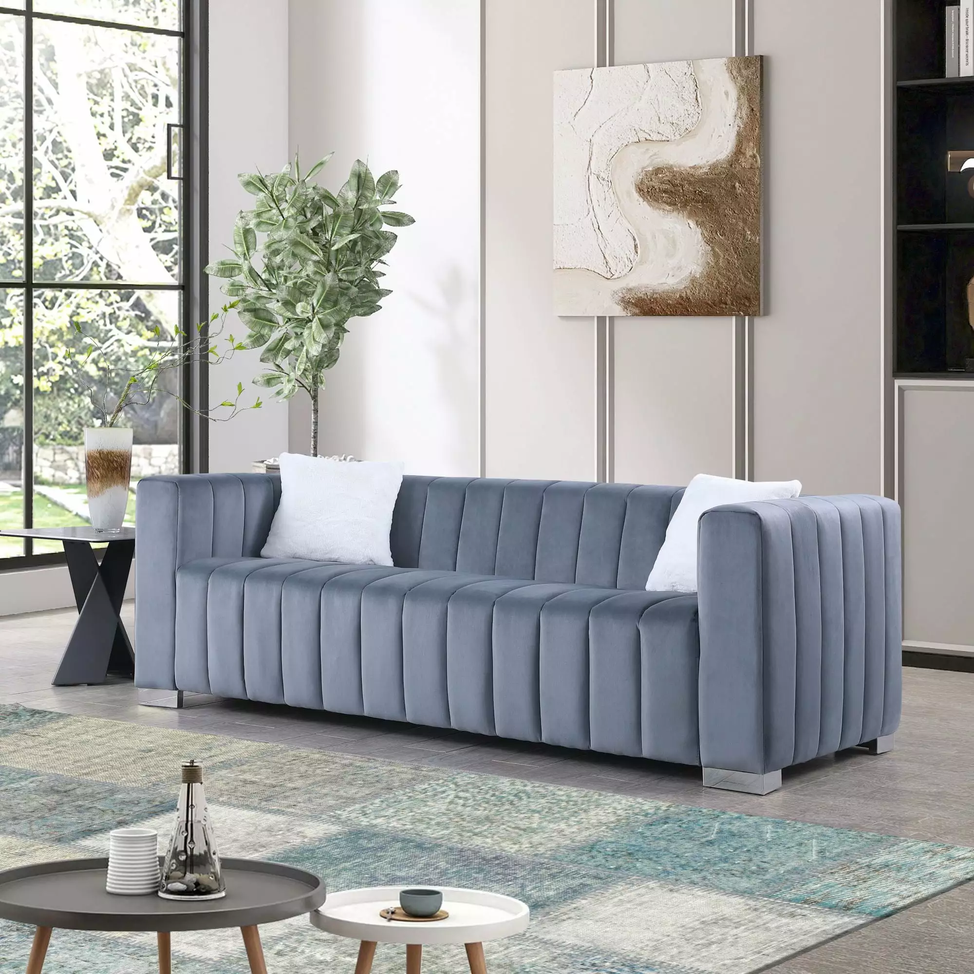 Modern Channel Sofa Grey 3 Seater - Traditional Chesterfield Style Jamini