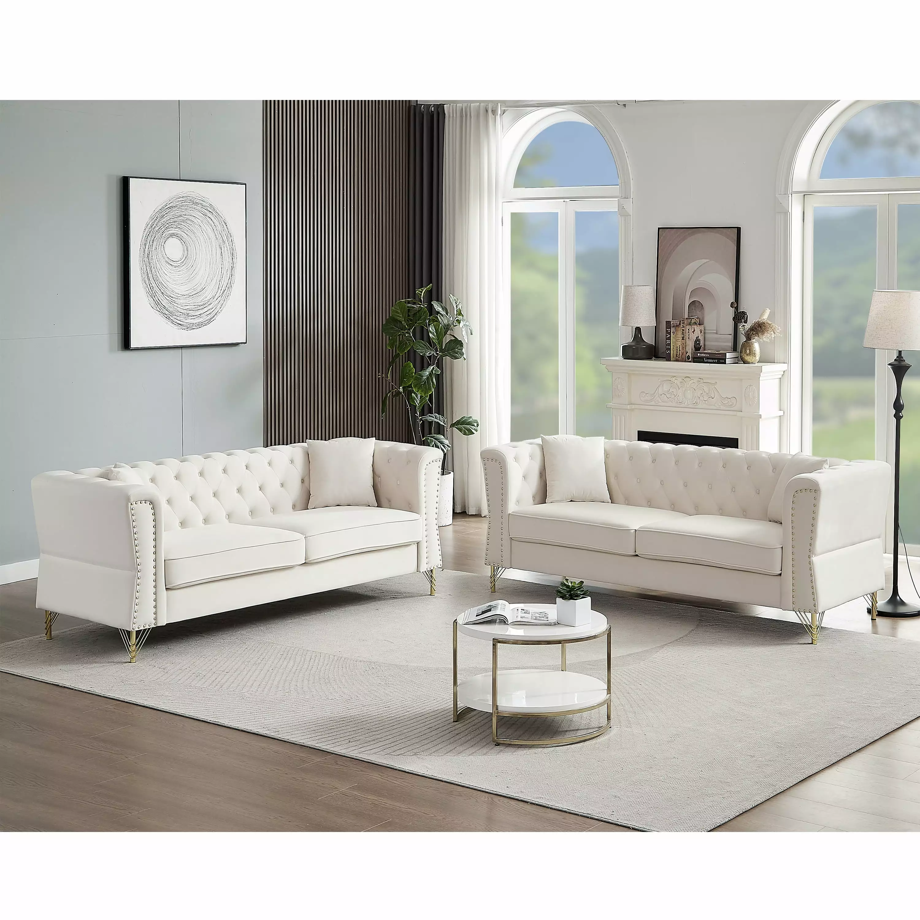 Deluxe Chesterfield Sofa Set Beige Two 3-Seater Units Detachable Foam Cushions Solid Wood Frame LMing