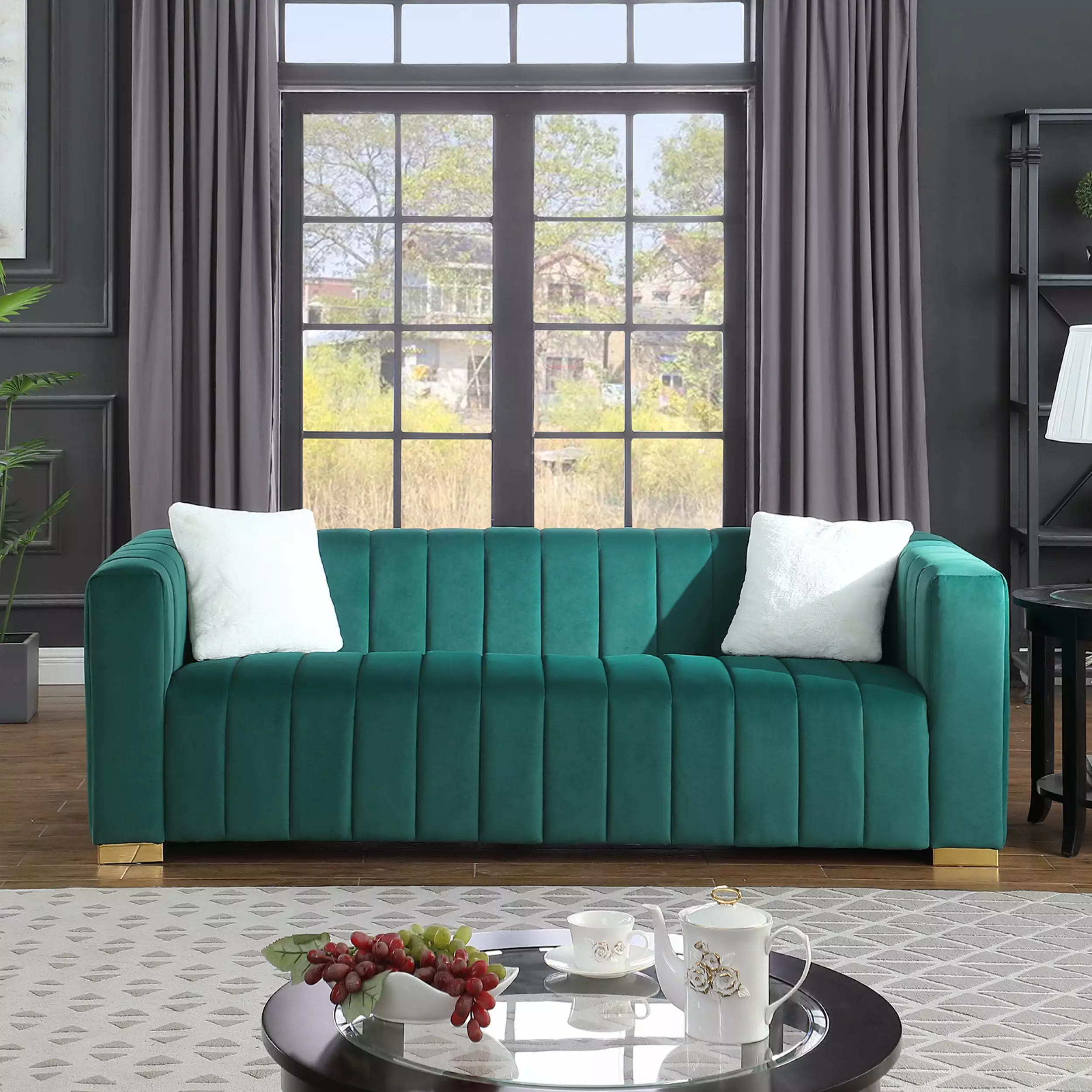 Modern Dark Green Channel Tufted Chesterfield Style 3-Seater Sofa Plush Cushions 00034 Miekor