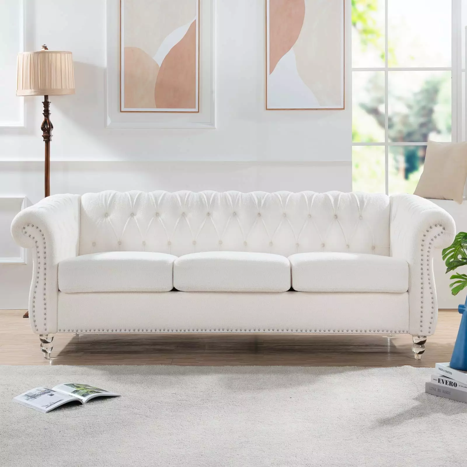 Luxurious 84.65-inch Chesterfield 3 Seater Sofa White Polyester Finish Tight Pleated Rolled Arms Silver Studs Trim Easy As...