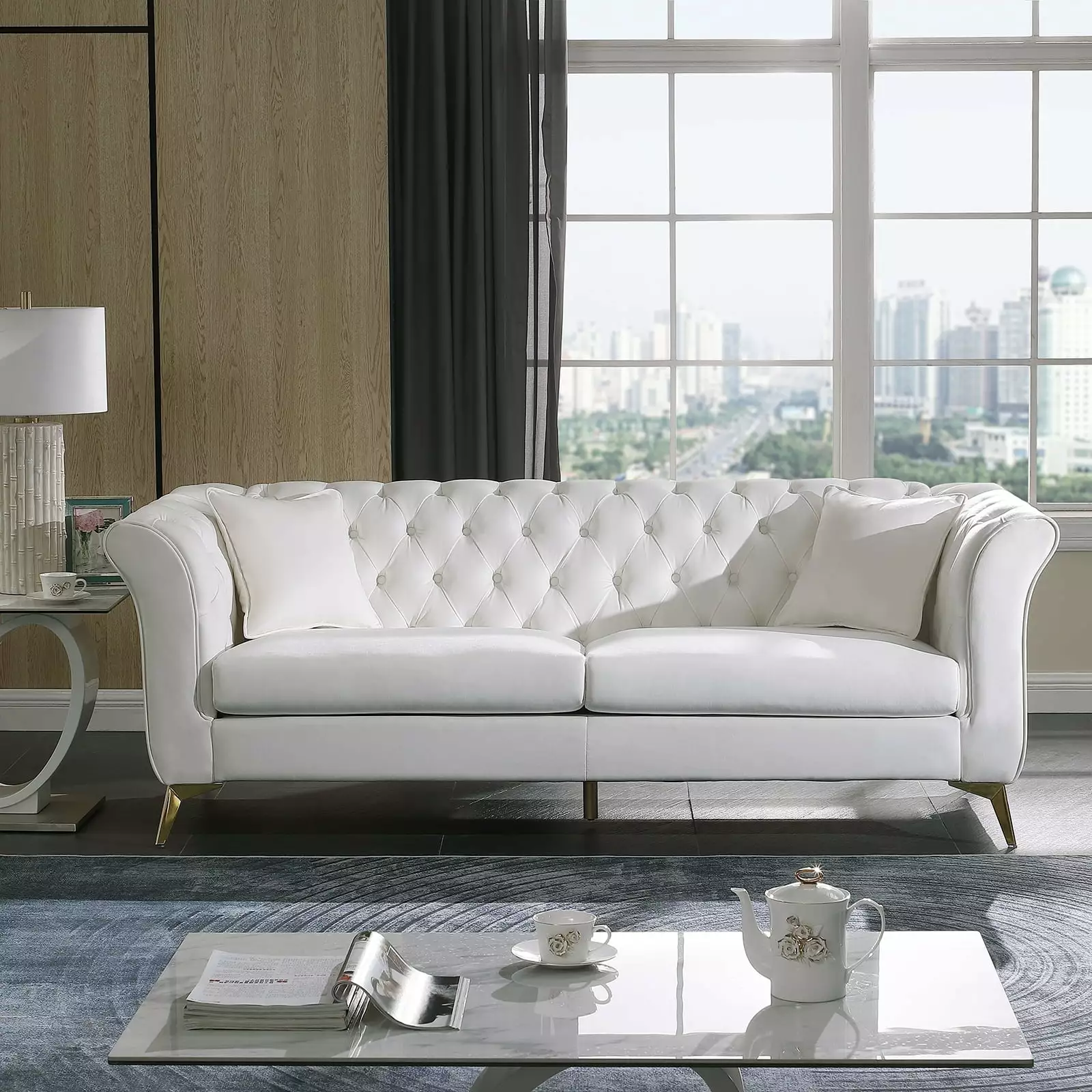 White Chesterfield Stanford Sofa Premium Velvet Button Tufting Modern Design Golden Legs Ponnky