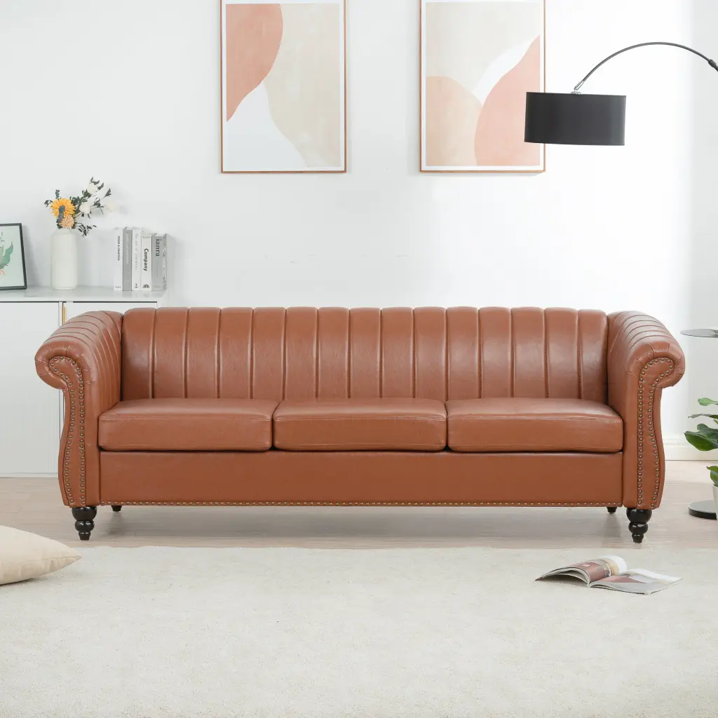 83.46-Inch Brown PU Rolled Arm Chesterfield Three-Seater Sofa Living Room rnb