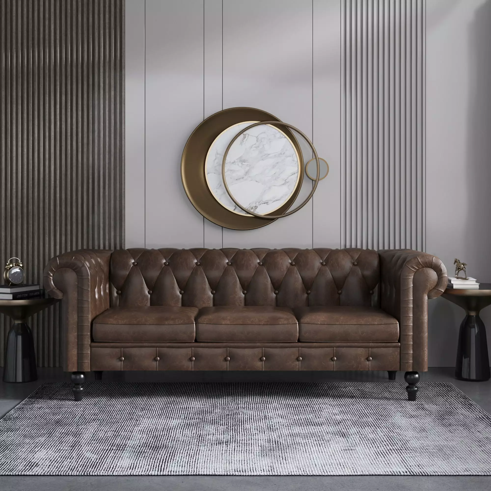 Sodrens 84 PU Chesterfield Sofa Mid-Century 3-Seat Couch Deep Button Tufted Modern Sofa Brown