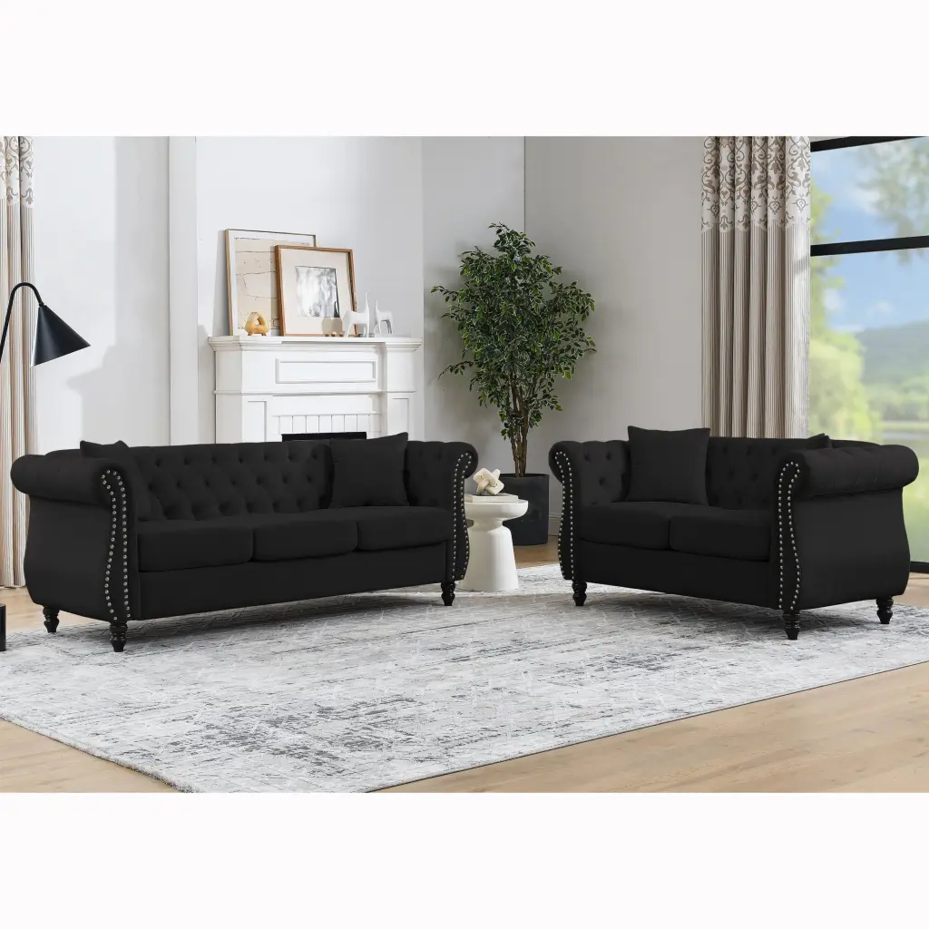 80 Inch Chesterfield Sofa Black Velvet 3 Seater Living Room welike furniture