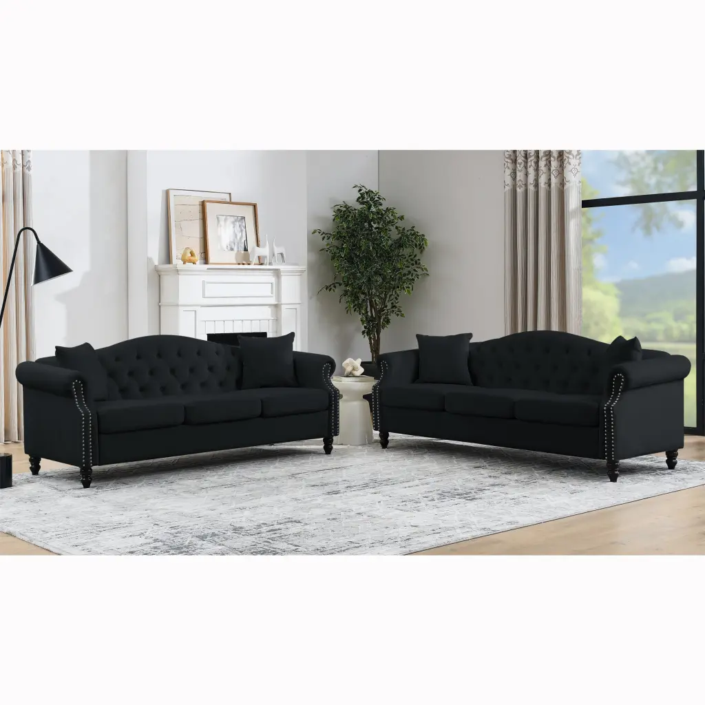 79 Inch Chesterfield Sofa Black Velvet 3 Seater Living Room Couch welike furniture