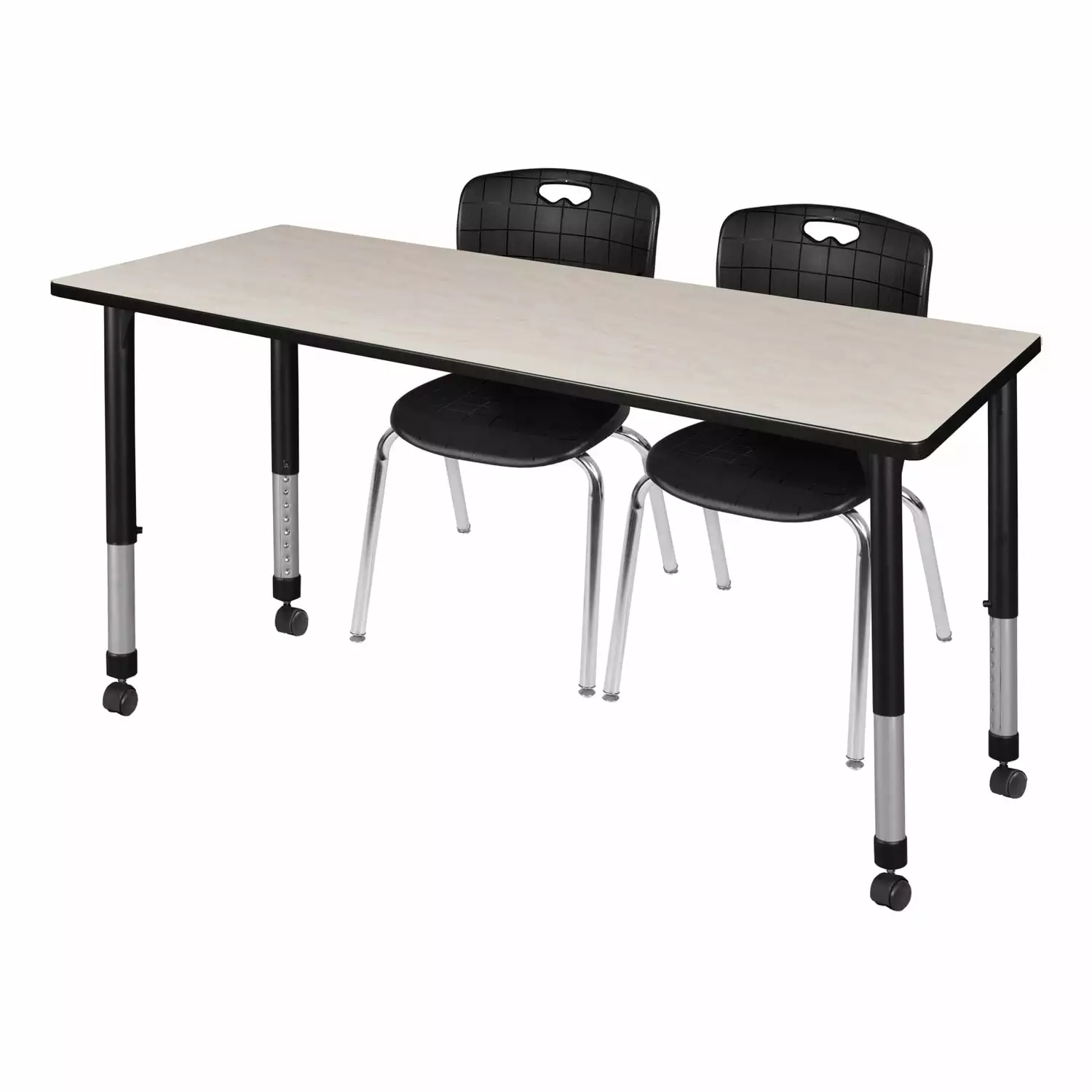 Regency 60x24 Kee Height Adjustable Mobile Classroom Table Maple 2 Andy Stack Chairs Black