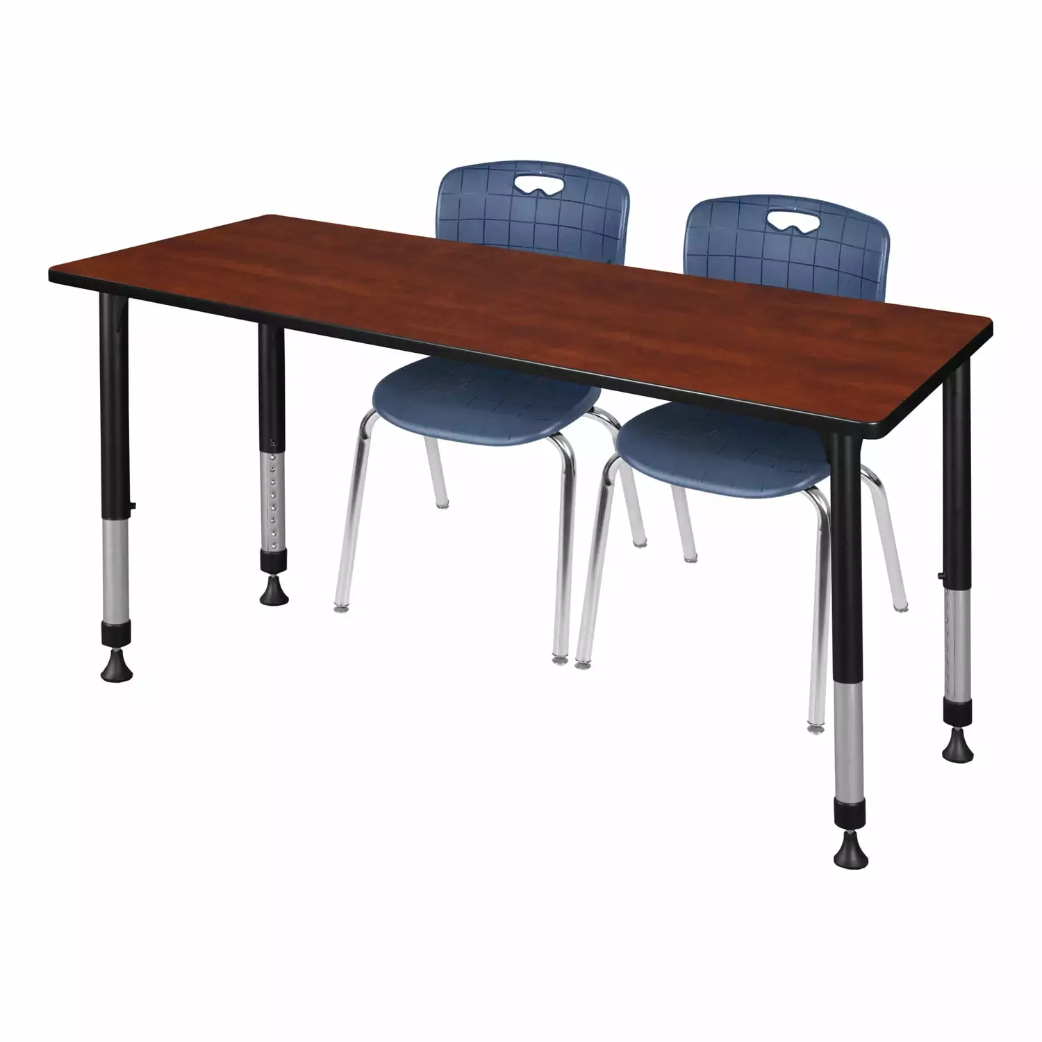 Regency 60 x 24 Kee Height Adjustable Classroom Table Cherry & 2 Andy 18 Stack Chairs Navy Blue