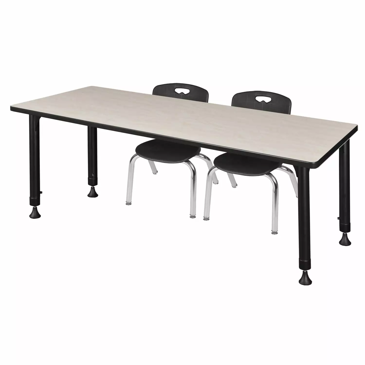 Regency Kee 60 x 30 Height Adjustable Classroom Table Maple 2 Black Stack Chairs