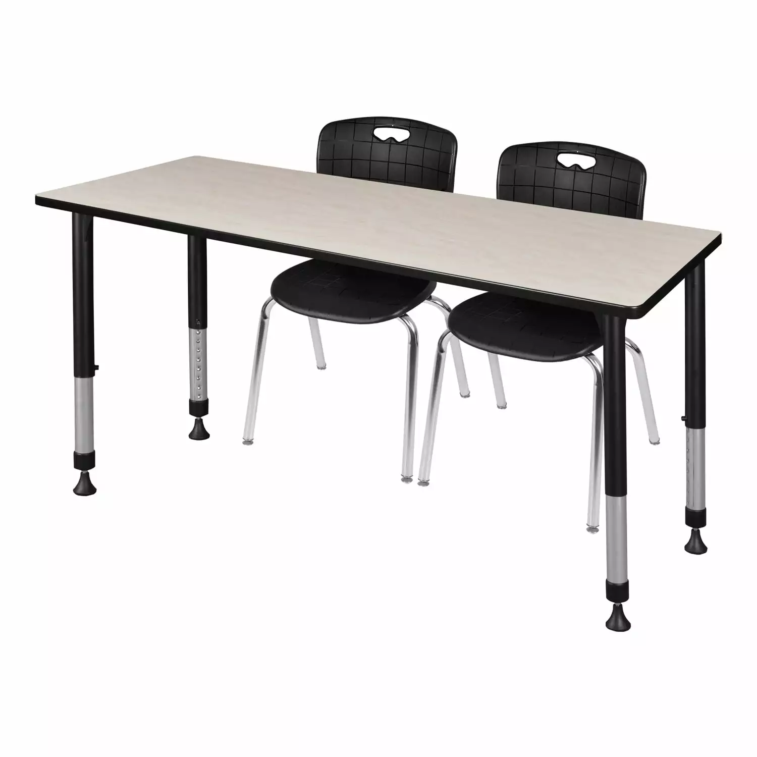 Regency Kee 60 x 30 Height Adjustable Classroom Table Maple 2 Black Stack Chairs
