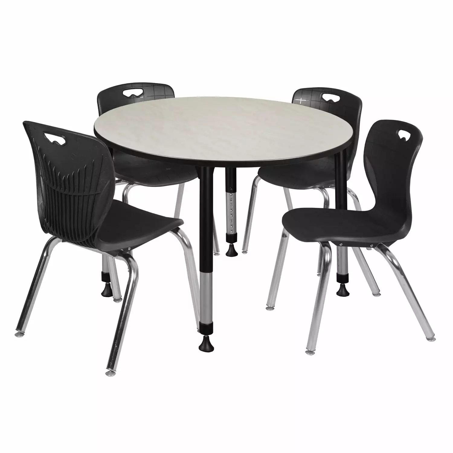 Regency Kee 48 Round Height Adjustable Classroom Table Maple 4 Black Chairs