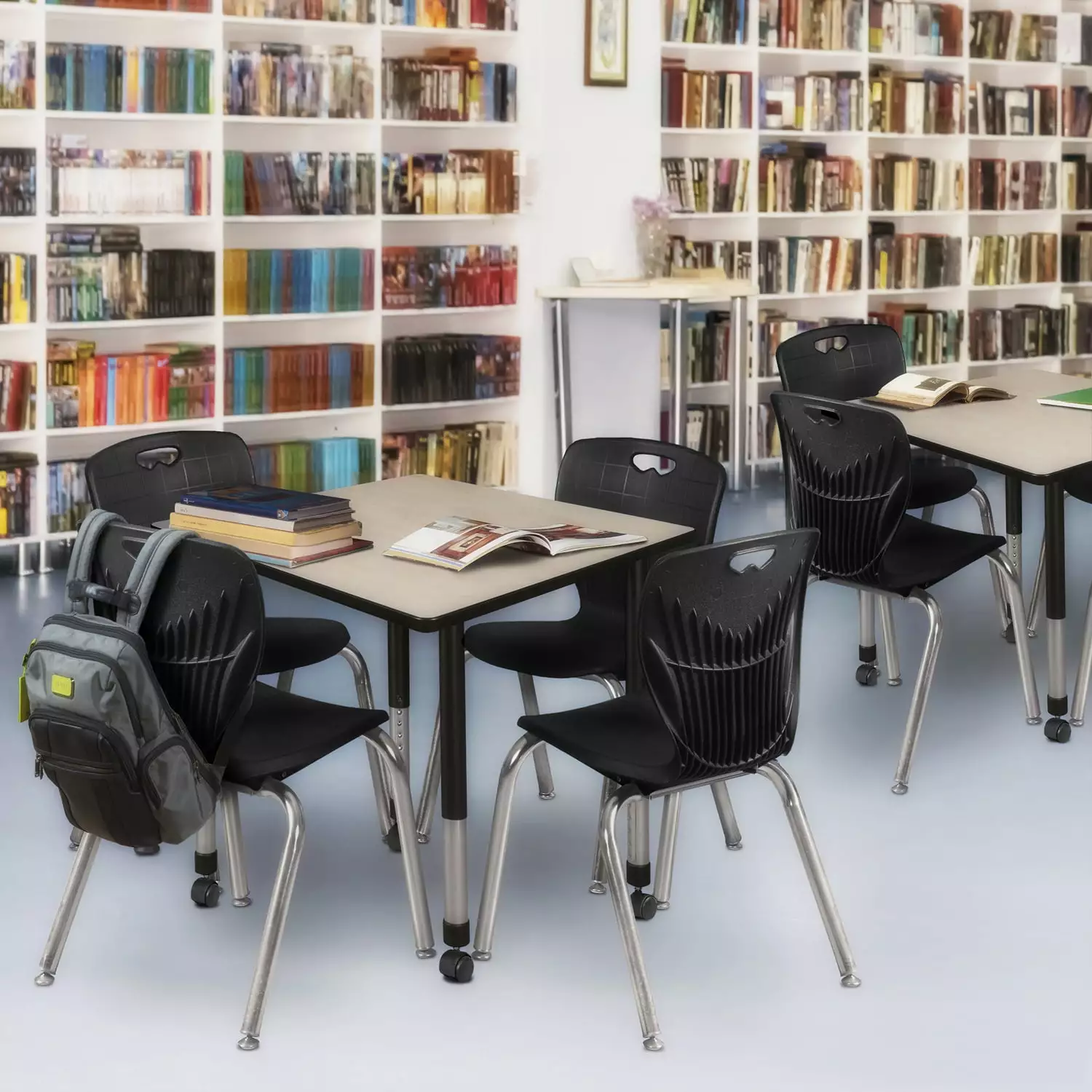 Regency Kee 30 Square Maple Height Adjustable Mobile Classroom Table 4 Black Stack Chairs