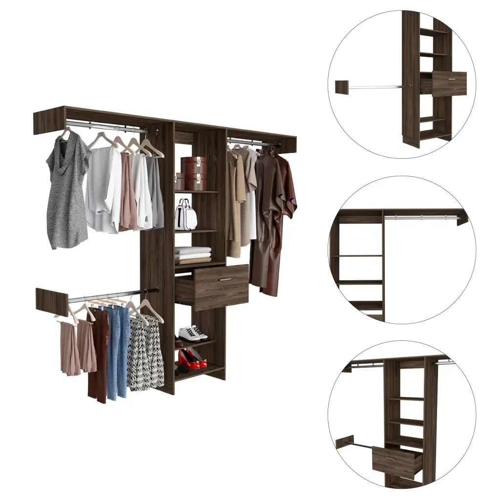 Calveston 1 Drawer 4 Shelf Closet System Dark Walnut Brown Particle Board furniture max