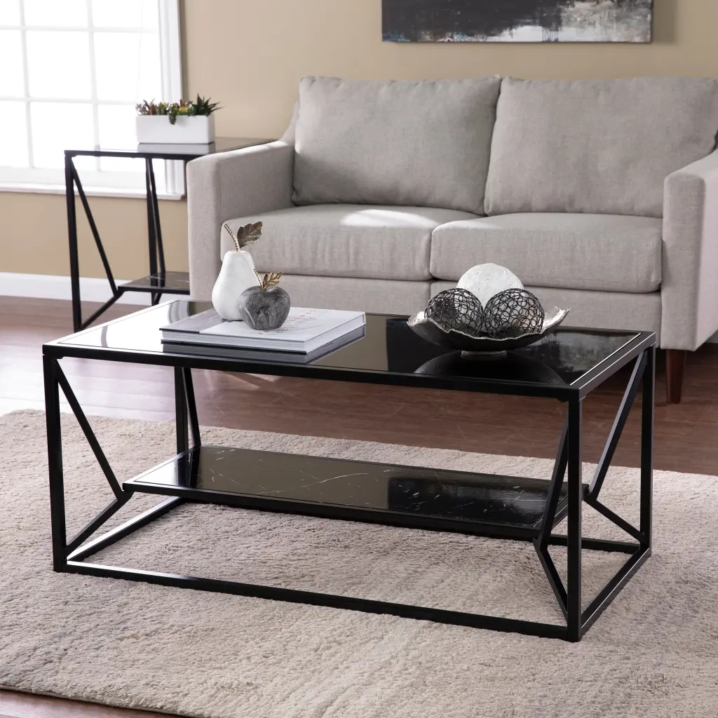 Argall Glass Top Cocktail Table Storage Black Iron Frame sei