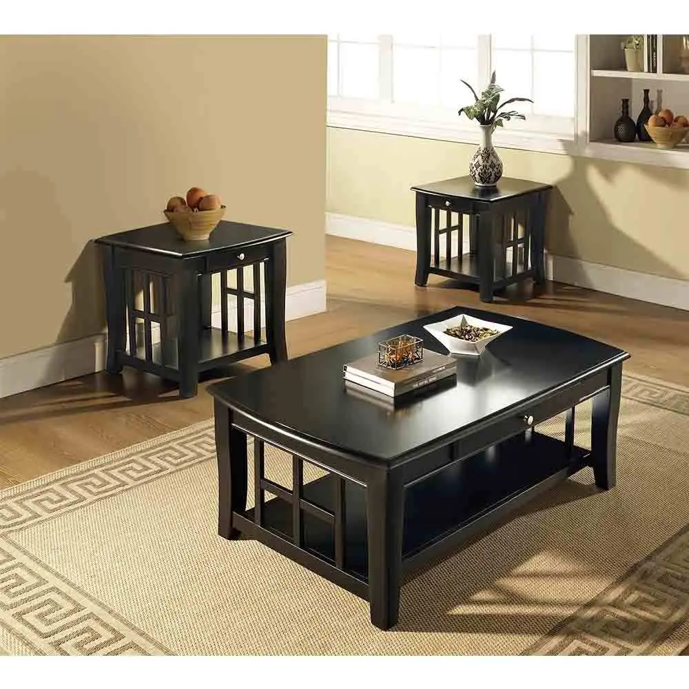 Cassidy 3 Piece Table Set Black Wood Coffee Table and Side Tables steve silver furniture