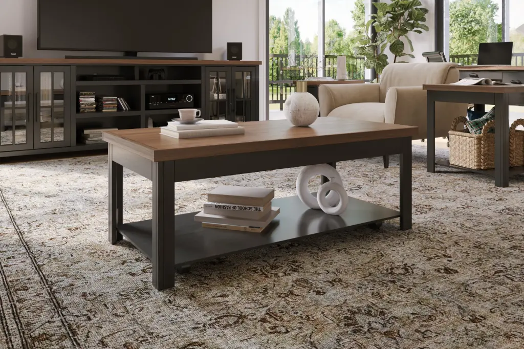 Essex 48 Inch Coffee Table Black and Whiskey Finish No Assembly Required bridgevine home