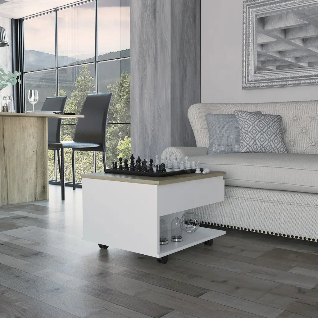 White and Light Oak Lift Top Coffee Table 1 Drawer and 1 Shelf furniture max