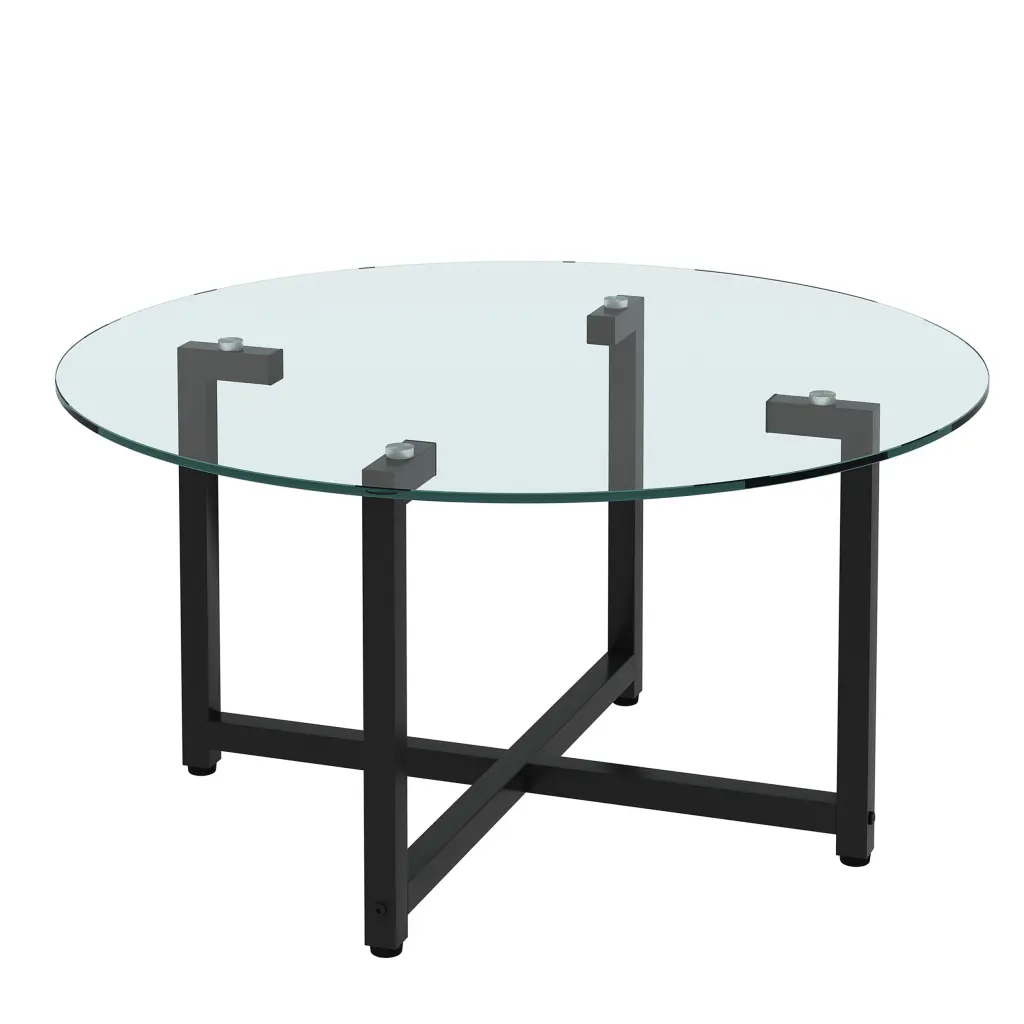 Round Transparent Glass Black Leg Coffee Table Modern Living Room Furniture jws-w241