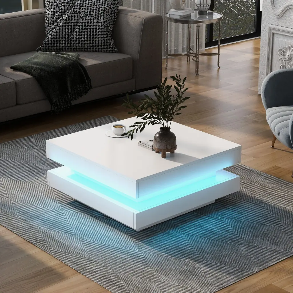 High Gloss Minimalist Design 2 Tier Square Coffee Table LED Lights on-trend