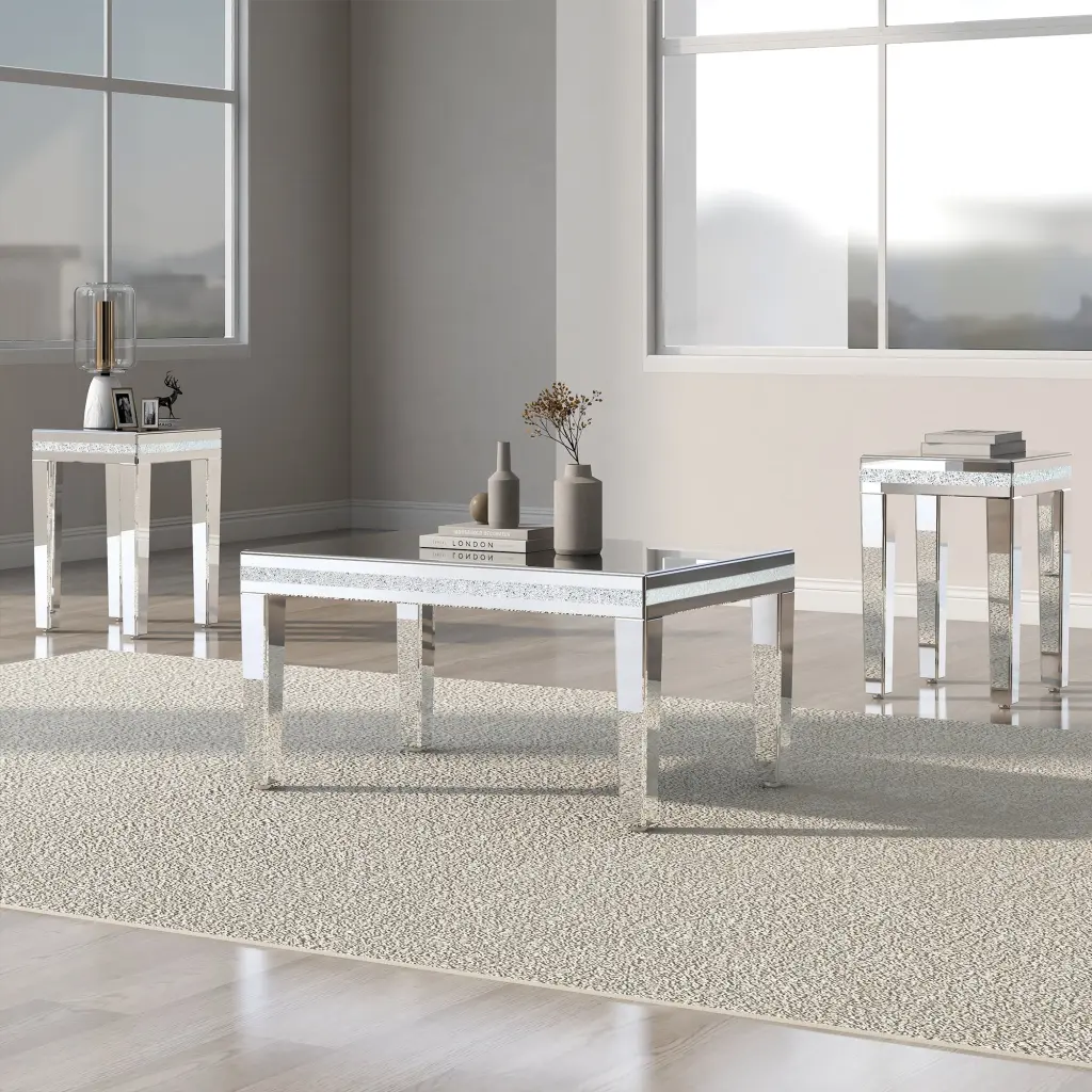 Trendy Modern Glass Mirrored Coffee Table Set 3 Easy Assembly on-trend