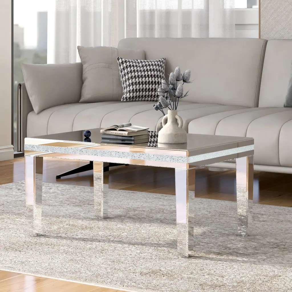 Trendy Modern Glass Mirrored Coffee Table Easy Assembly Cocktail Table on-trend
