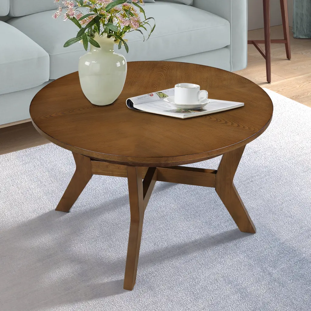 32 Inch Wood Round Coffee Table Living Room Mid Century Farmhouse Style power growth furniture