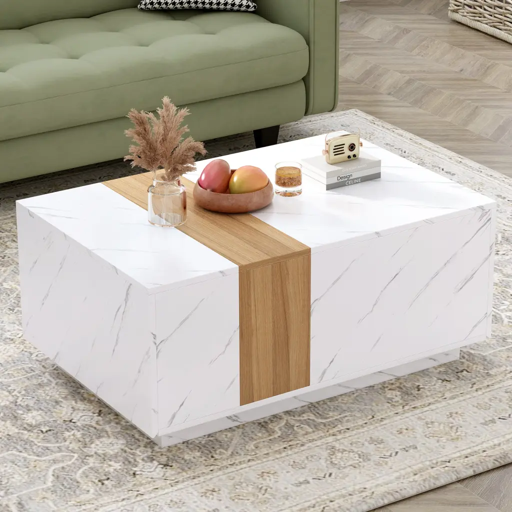 Modern 35.4 X 23.6 Inch Two Tone Coffee Table Faux Marble and Walnut rnb