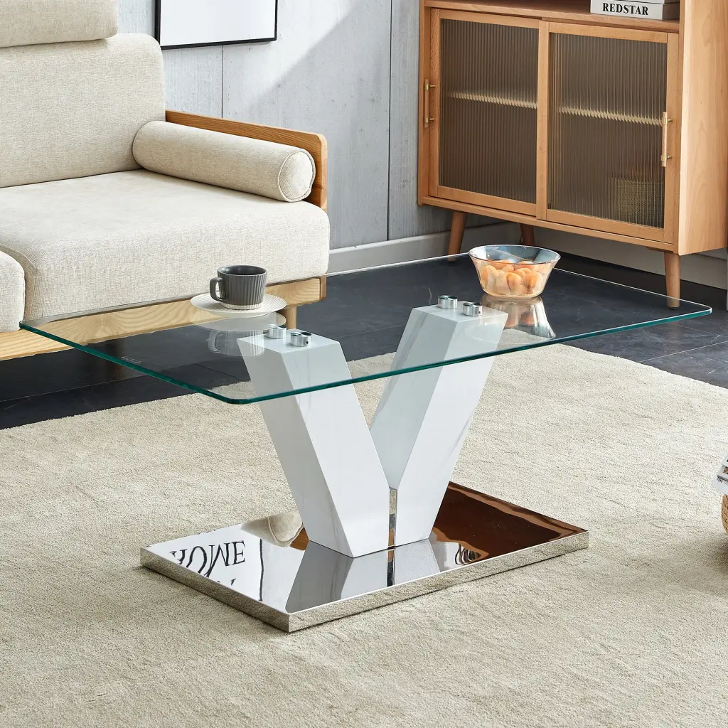 Modern Minimalist Coffee Table Transparent Tempered Glass Tabletop Metal Frame rnb
